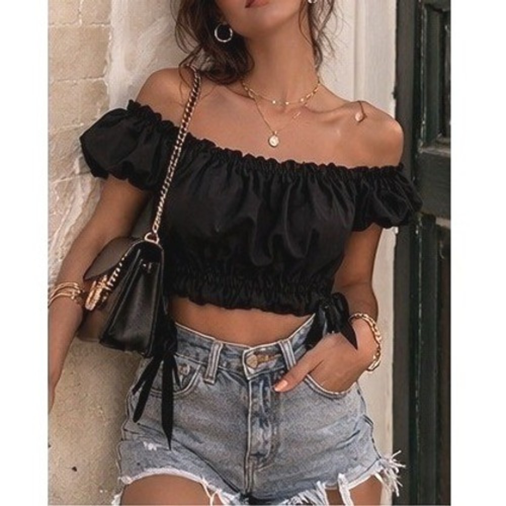 Papermoon Black Off-Shoulder Crop Top Tie Hem Adjustable Straps Womens Size S